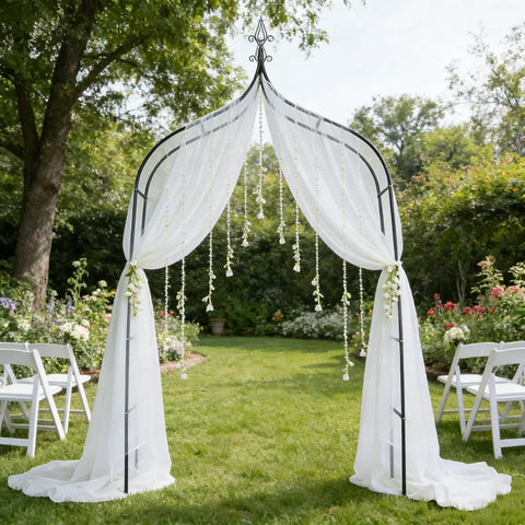 Sturdy Metal Garden Arbor Frame Stand Arch Trellis For Climbing Plants And Wedding Backdrop Outdoor Decor In Black Coated Finish Measures About 8.4 By 4.6 Feet For Patio Yard Or Backyard Use with draped white fabric