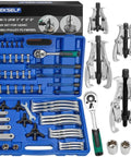 Heavy Duty Gear Puller Set With 2 Jaw And 3 Jaw Options, Ratchet Wrench And Sockets, CrV Steel, visible in a molded case
