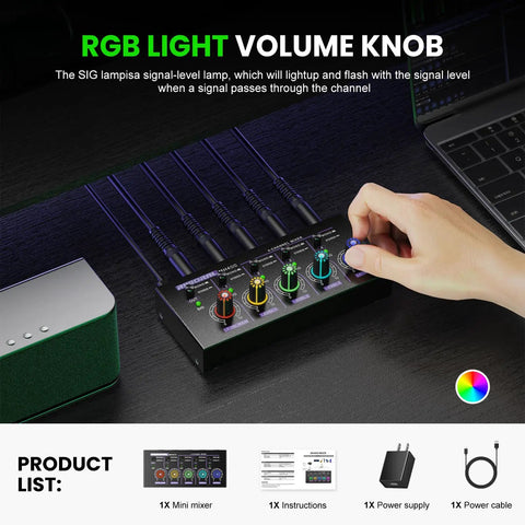 Hand adjusting volume knob on Compact 4 Channel Mini Audio Mixer With 1 Quarter Inch TS TSR Input Jacks, Stereo Mono Switch
