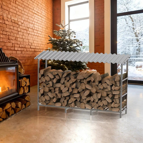 Heavy Duty Four Foot Firewood Rack With Weather Cover For Indoor And Outdoor Use Sturdy Metal Wood Storage Stand Keeps Dry Firewood Ready For Fireplace Or Fire Pit in living room.
