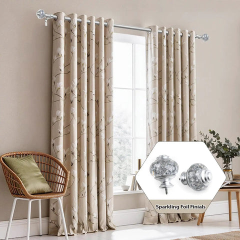 Heavy Duty Telescoping 1 Inch Curtain Rod Extends From 72 To 144 Inches With Silver Decorative Translucent Finials in a living room