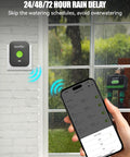 Smartphone shows WiFi Garden Hose Timer With Brass Inlet Dual Zone Smart Sprinkler Controller app controlling system indoors