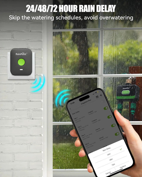 Smartphone shows WiFi Garden Hose Timer With Brass Inlet Dual Zone Smart Sprinkler Controller app controlling system indoors