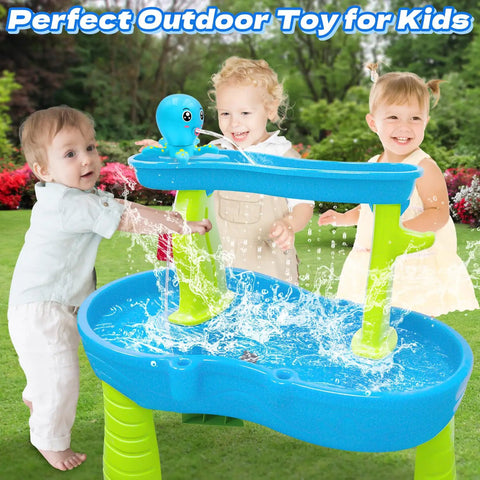 Octopus Battery Powered Water Table Pump For Backyard Outdoor Sand And Water Table Play, blue table with kids.