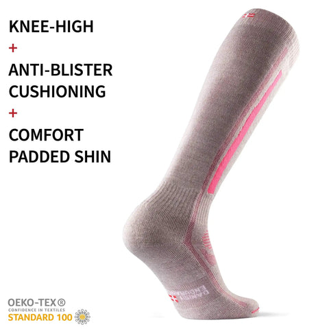 Light grey pink Merino Wool Performance Ski Socks For Men Women And Kids With thermo regulating warmth, knee-high view.