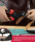Person using Beefy Rotary Leather Hole Punch Kit For Belts, Watch Bands, Straps, Dog Collars, Saddles And Shoes on a belt