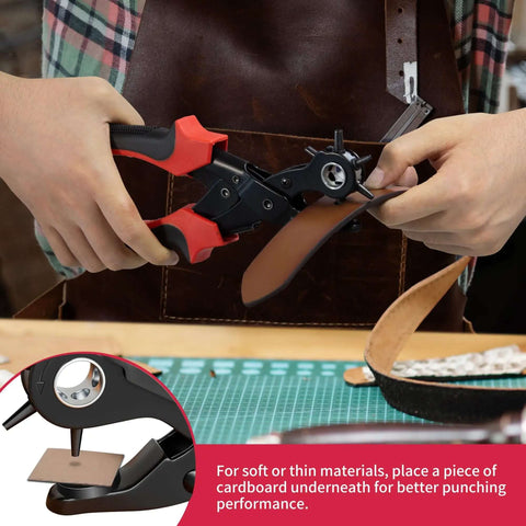 Person using Beefy Rotary Leather Hole Punch Kit For Belts, Watch Bands, Straps, Dog Collars, Saddles And Shoes on a belt