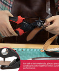 Revolving Punch Plier Kit For Leather Workhorse Rotary Hole Punch Set With Clearly Labeled Wheel Sizes in use on leather belt