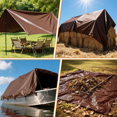 10x12Ft Heavy Duty Tarp With 10 Mil Thickness Waterproof Tear Resistant Poly Tarp With Reinforced Edges And Brass Grommets For Camping Patio Tent Boat UV Blocking Brown Black used for various outdoor purposes.
