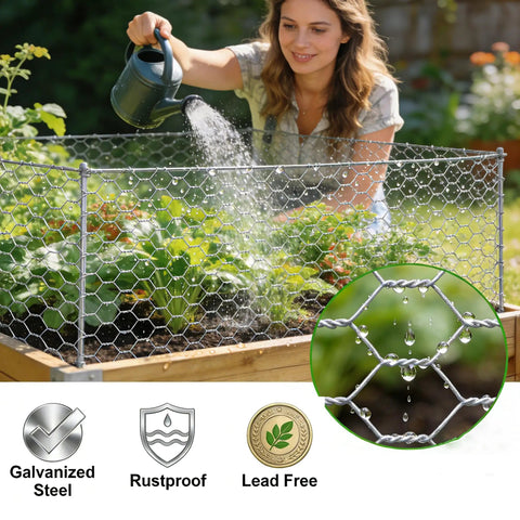 Woman watering plants in garden bed with Chicken Wire Fencing Hex Mesh Roll 16 Inch By 50 Foot Galvanized Poultry Netting.