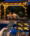 Hand holding remote in garden under patio lights at night with dimming and timer settings shown