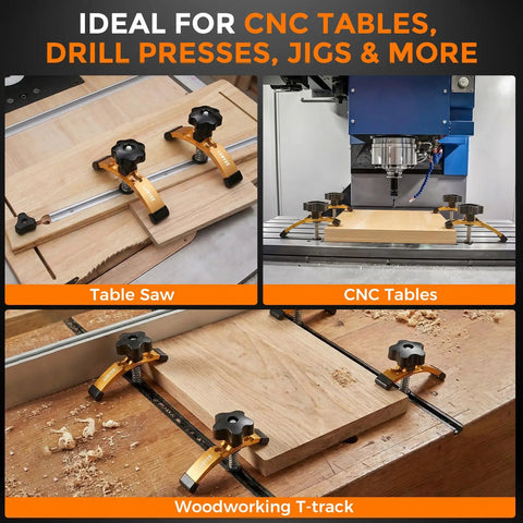 Extended 5-3/8 Inch T Slot Hold Down Clamps 4 Pack for CNC Router and Woodworking adjustable with rubber pads in use on wood.