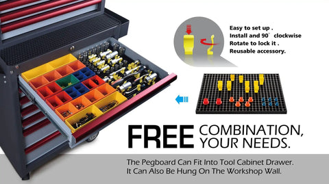 68 Piece Large Pegboard Tool Organizer Set for Tool Chest, Cart, Cabinet, and Workbench Storage Black Includes Sockets, Wrenches, Screwdrivers, and Pliers Clips and Holders for Easy Garage Organization installed in a drawer