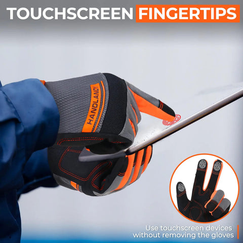 Mens Womens Work Gloves Touch Screen Safe Mechanic Utility Gloves Flexible Breathable Spandex Back Grippy Palm shown on a tablet