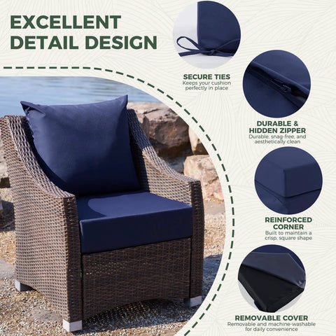 Deep Seat Outdoor Cushions Set For Patio Furniture 24 X 24 X 5.75 Inches waterproof and fade resistant navy blue shown on wicker chair