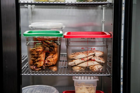 2 Pack Classic Series Square Food Storage Containers With Green Lids 4 Qt Commercial Grade Polycarbonate in fridge