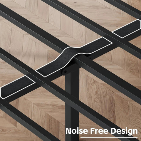 Queen Platform Bed Frame With Swanky PU Leather Upholstered Headboard And Plush Memory Foam Backrest Heavy Duty Metal Slat Support Hidden Underbed Storage No Sweat Setup Black with noise-free slat design.