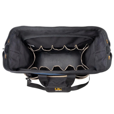 19 Inch Molded Base Contractor Tool Bag With Closed Top And Easy Access Pop Open Design Large Main Compartment 13 Inner Pockets And 16 Exterior Pockets For Organizing Power Tools Circular Saws Hard Hats And Accessories