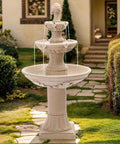 Three Tier Outdoor Water Fountain For Garden And Patio Freestanding 48 Inch Tall Water Feature with Pump Zen Vibes Beige Finish