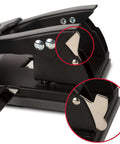 Close-up of black office puncher, showing durable metal construction and easy lock, 2 Hole Punch for Papers with 28 Sheet Capacity.