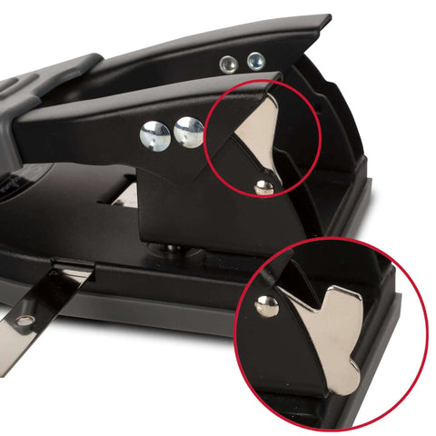 Close-up of black office puncher, showing durable metal construction and easy lock, 2 Hole Punch for Papers with 28 Sheet Capacity.