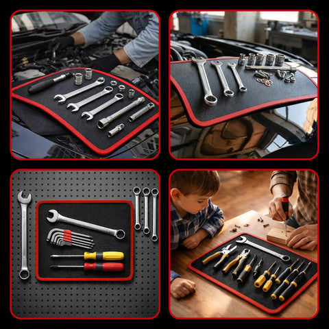 Heavy Duty Magnetic Tool Mat With Wristband And Flexible PVC Pad Non Slip Tool Holder Tray 40Lb Magnetic Parts Pads displayed with tools