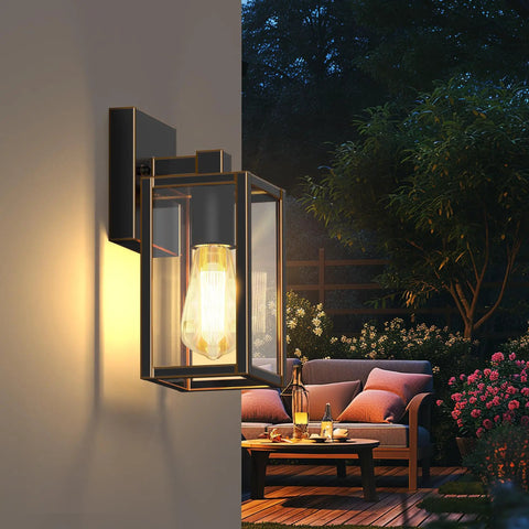 Dusk To Dawn Outdoor Porch Light With Built In Two GFCI Outlets illuminating a cozy patio scene at night