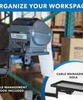 Rock Solid Universal Printer Pole Mount With Full Motion Articulating Arm Adjustable Swivel Roll Play Tray Smart Wire Routing For Shipping Desk Workhorse Setup with cable management hook and tray.