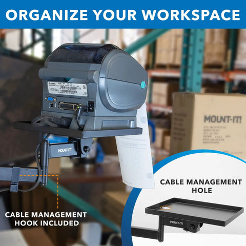 Rock Solid Universal Printer Pole Mount With Full Motion Articulating Arm Adjustable Swivel Roll Play Tray Smart Wire Routing For Shipping Desk Workhorse Setup with cable management hook and tray.
