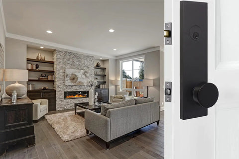 Addy Entry Handle With Mesa Knob Keyed Handleset Matte Black Front Door Hardware Complete Set For Residential Security And Sleek Dope Style Durable Finish Easy Install next to a modern living room