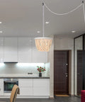 Plug In Wood Beaded Chandelier With 20 Foot Hanging Cord 3 Light Boho Farmhouse Ceiling Fixture in modern kitchen