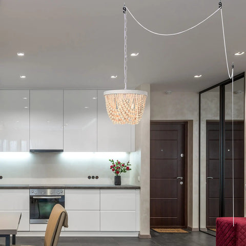 Plug In Wood Beaded Chandelier With 20 Foot Hanging Cord 3 Light Boho Farmhouse Ceiling Fixture in modern kitchen