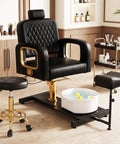 Pro Grade Hydraulic Pedicure Station For Nail Techs With Roomy Removable Foot Tub Featuring Triple Vibration Soaking Modes For Zero Hassle Plug And Play Setup Without Any Plumbing Required In Sleek Black Finish with gold accents and removable tub.
