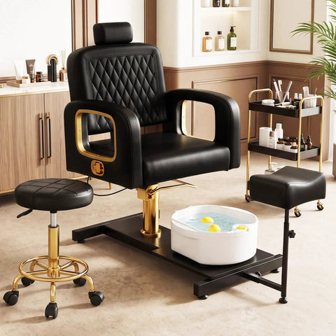 Pro Grade Hydraulic Pedicure Station For Nail Techs With Roomy Removable Foot Tub Featuring Triple Vibration Soaking Modes For Zero Hassle Plug And Play Setup Without Any Plumbing Required In Sleek Black Finish with gold accents and removable tub.