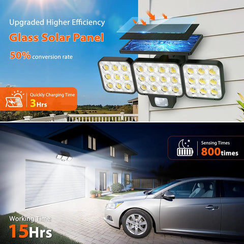 Two Pack Ultra Bright Solar Flood Lights Outdoor With Motion Sensor Three Head LED Security Lights Upgraded Glass Panel