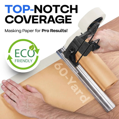 All In One Masking Kit With 9 Inch Brown Paper 6 Rolls And White 1.41 Inch Tape 6 Rolls Plus Built In Dispenser Blade