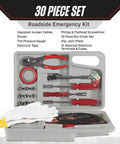Roadside Emergency Car Kit With 30 Piece Road Trip Essentials Tool Set Including Jumper Cables, Tire Pressure Gauge, and Gloves