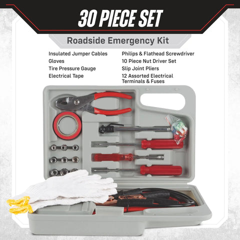 Roadside Emergency Car Kit With 30 Piece Road Trip Essentials Tool Set Including Jumper Cables, Tire Pressure Gauge, and Gloves