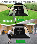 Golf Practice Net With Hitting Mat For Backyard Driving And Chipping, 10x7 Ft Large Net With Four Target Panels, Includes 24x12 Inch Mats For Realistic Swings And Pro Style Drills, Durable Black Backstop, shown in backyard and garage settings