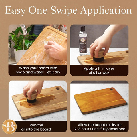 Steps using Oil Applicator Brush For Cutting Boards And Wooden Utensils to clean and oil a bamboo board
