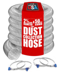 Clear Pvc Dust Collection Hose Size Two Point Five Inches Wide By Fifty Feet Long Featuring Four Sturdy Thumbscrew Clamps, coiled with clamps.