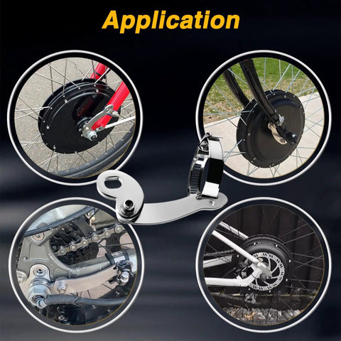 Universal Torque Arm Conversion Kit M14 for E Bike showing installation on front and rear hub motors inside and outside the frame or fork.