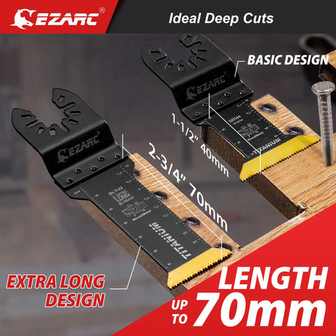 Titanium Oscillating Saw Blades Kit Four Pack For Plunge Cutting On Metal And Wood with extra long design, size details shown