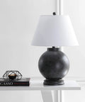 26 Inch Dark Gray Contemporary Resin Sphere LED Table Lamp With White Linen Drum Shade on a white table