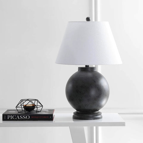 26 Inch Dark Gray Contemporary Resin Sphere LED Table Lamp With White Linen Drum Shade on a white table