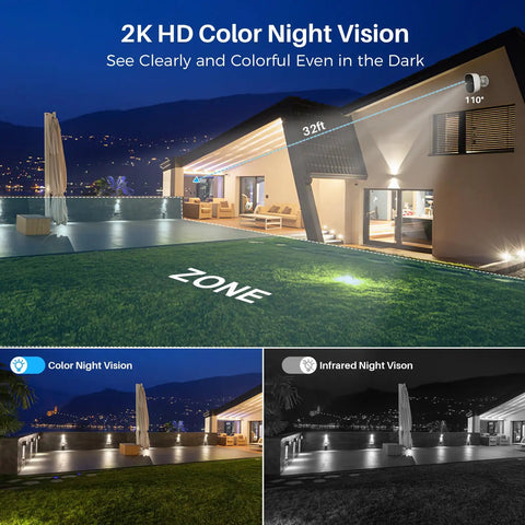 2K Battery Powered Wireless Security Camera with AI Motion Detection and Color Night Vision, outdoor view showing surveillance range