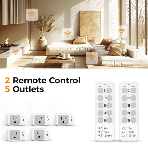 Wireless Remote Control Outlet Kit With 2 Remotes And 5 Outlets, Easy Plug And Play, A No Brainer For Controlling Hard To Reach Appliances From Sofa Or Bed, Ideal For Seniors And Pregnant Women, 100 Ft Range; 5 outlet plugs and 2 remotes