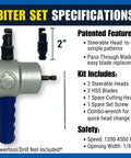Image showing specifications of Drill Mounted Dual Head Nibbler Attachment with steerable heads for precision sheet metal cuts.