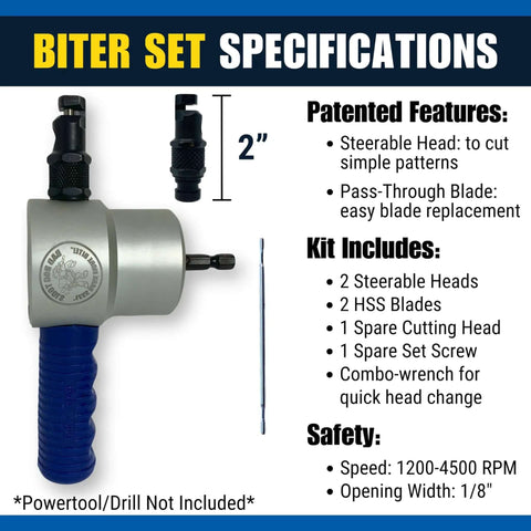 Image showing specifications of Drill Mounted Dual Head Nibbler Attachment with steerable heads for precision sheet metal cuts.