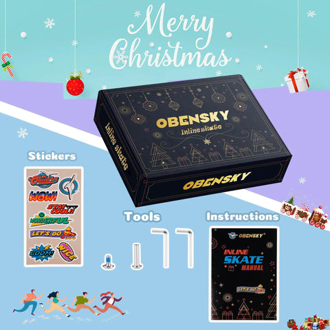 Christmas-themed packaging for Adjustable Kids Inline Skates For Boys And Girls Aged 4 To 12 With Lit Up Wheels, featuring stickers and tools.